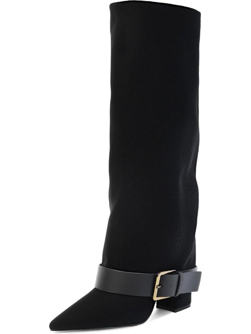 Women's Black Suede Fold Over Chunky High Heel Wide Calf Pointed Toe Buckle Boot